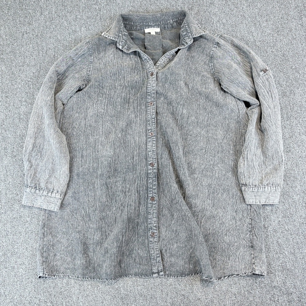 Umgee Boho Acid Wash Lace Up Back Tunic Shirt Women Medium Gray Cotton Blend